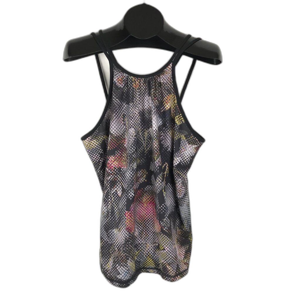 prAna Balletic Tank Women's Large Black Digi Flower High Neck Athletic Wicking